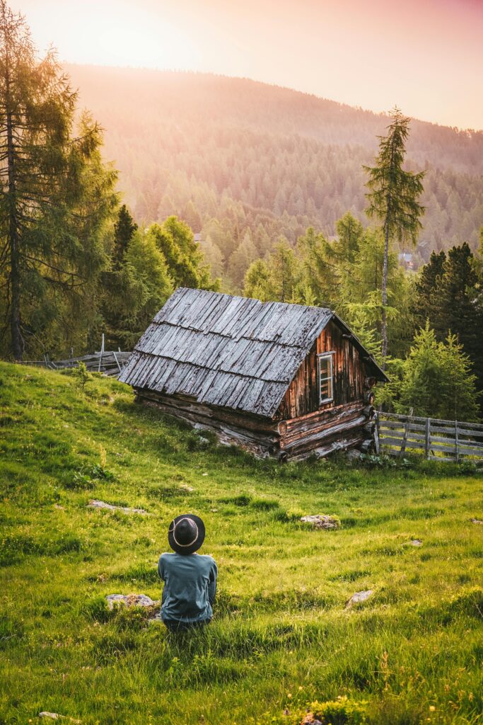 Person Sitting in Front of Brown and Black House